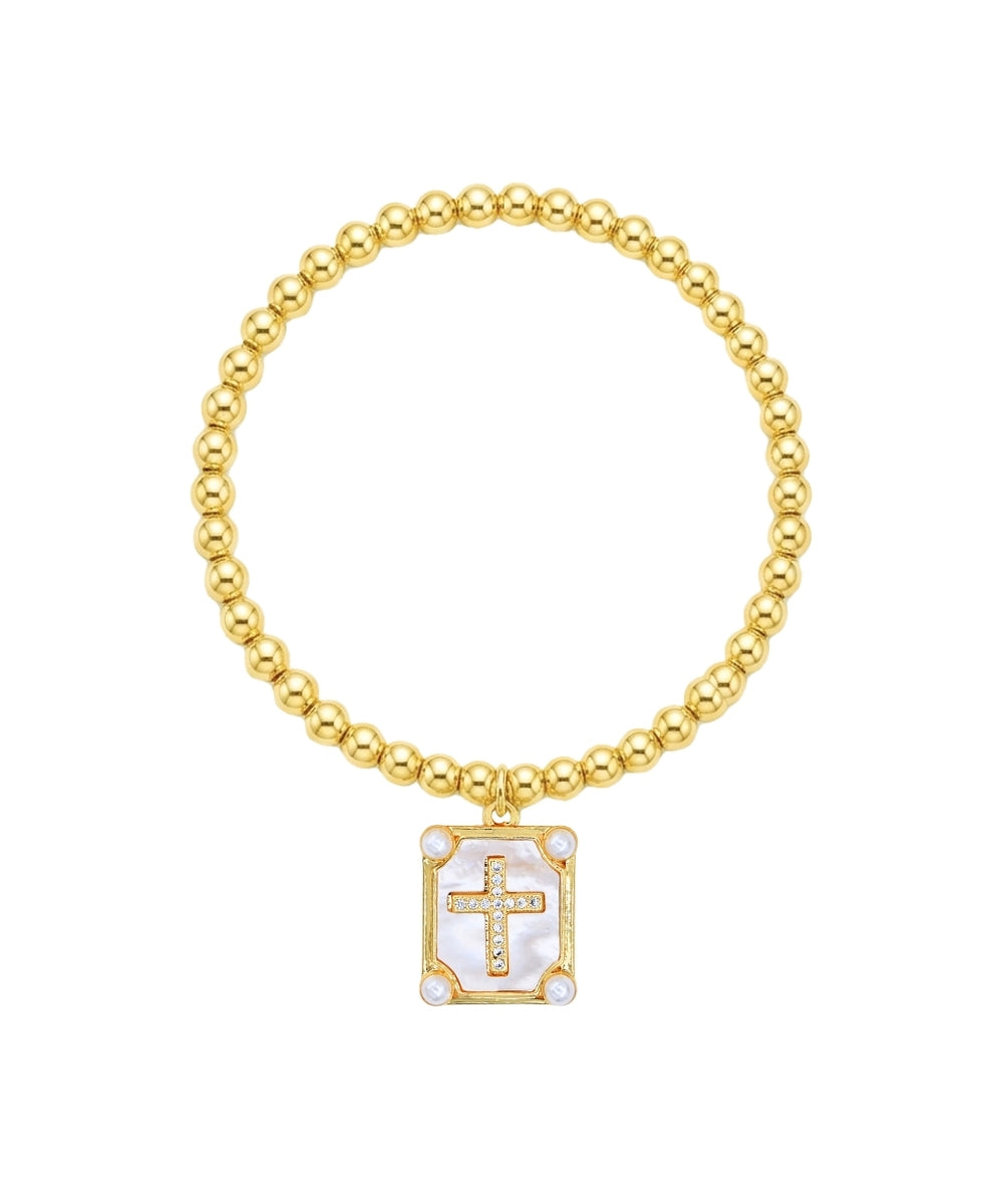 RECTANGLE CROSS CHARM CCB BALL BRACELET - GOLD