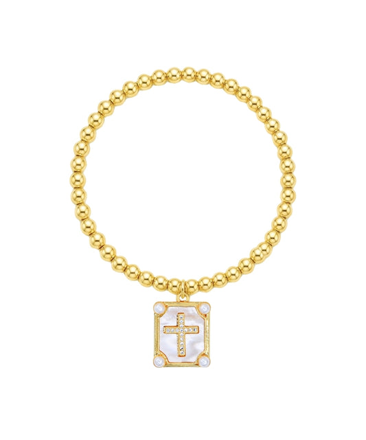 RECTANGLE CROSS CHARM CCB BALL BRACELET - GOLD