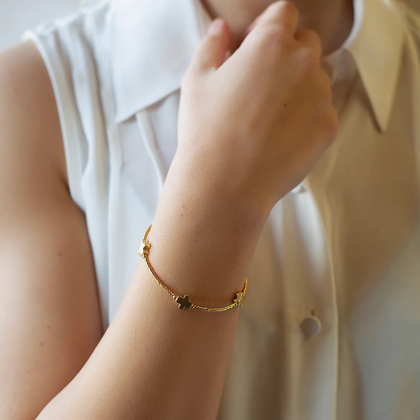 Faithful Beaded Cross Bangle w/ Matte Gold Crosses-Gold