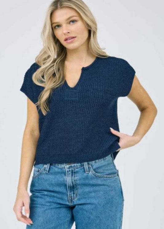 STACY SHORT SLEEVE KNIT PULLOVER: BLACK