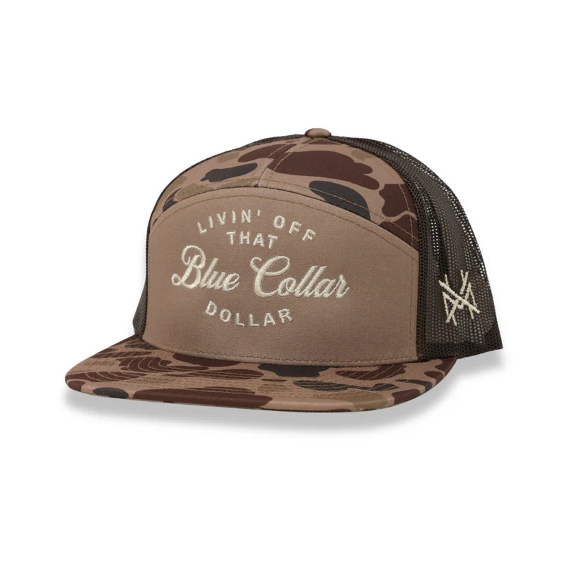 BLUE COLLAR DOLLAR - 7 PANEL DUCK CAMO HAT CAP