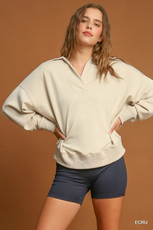 SUSAN V NECK COLLARED SWEATSHIRT-ECRU