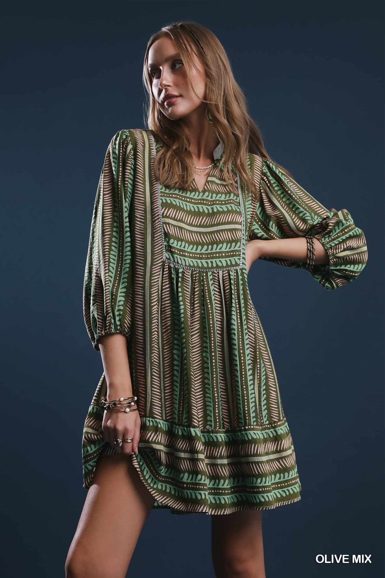 KYNDALL AZTEC PRINT BABYDOLL DRESS - OLIVE
