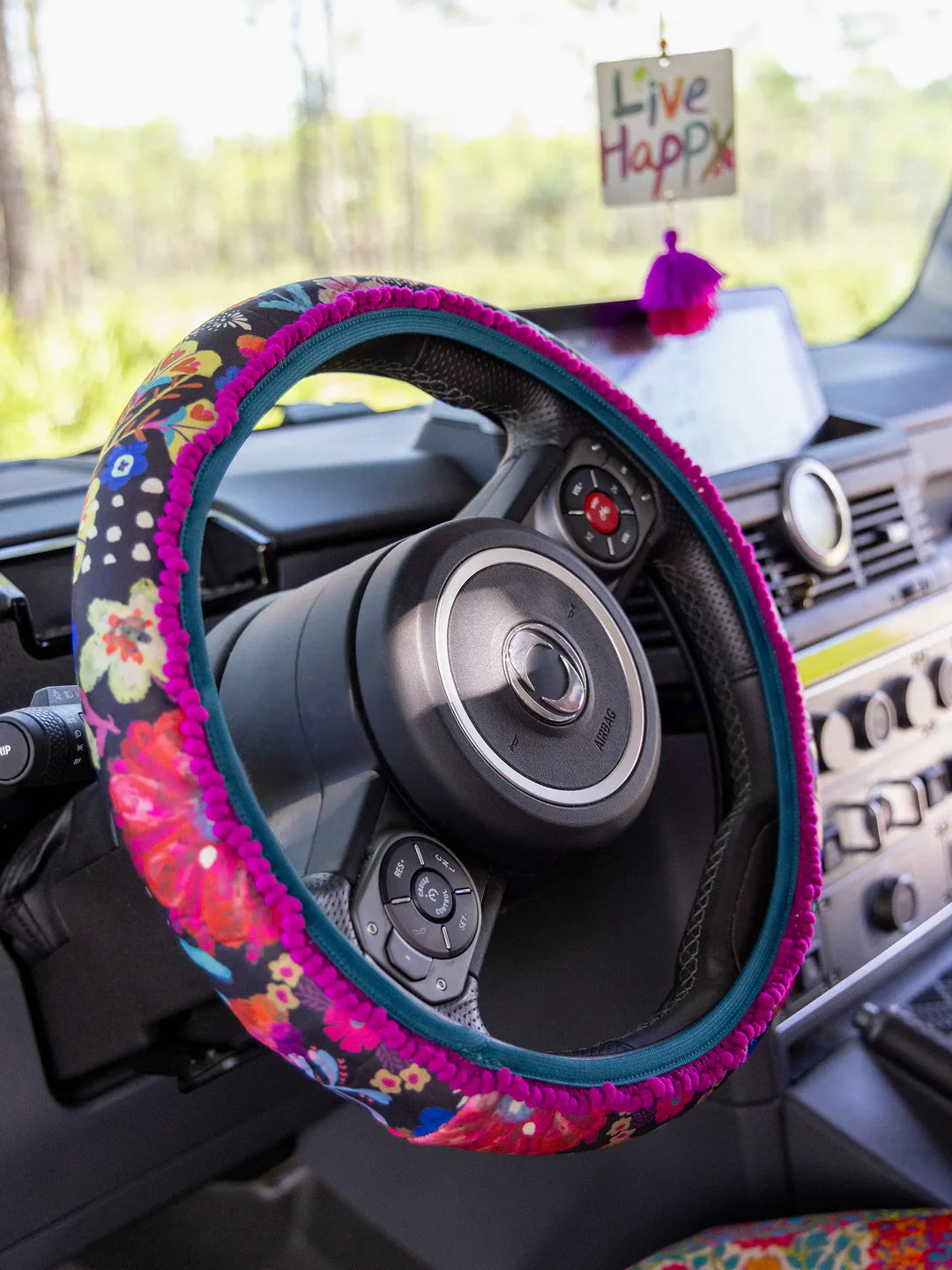 STEERING WHEEL COVER - BLACK FLORAL