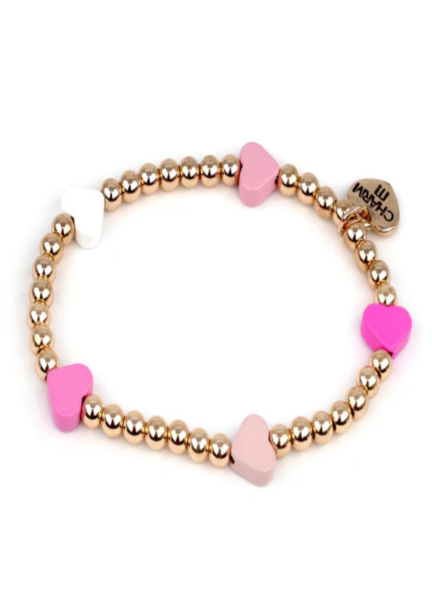 GOLD BEAD PINK HEART STRETCH BRACELET