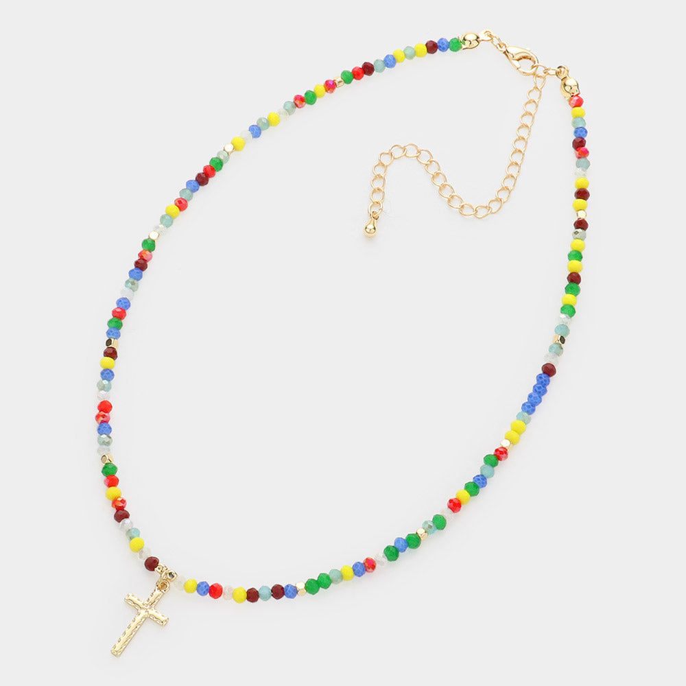 Cross Pendant Faceted Beaded Choker Necklace