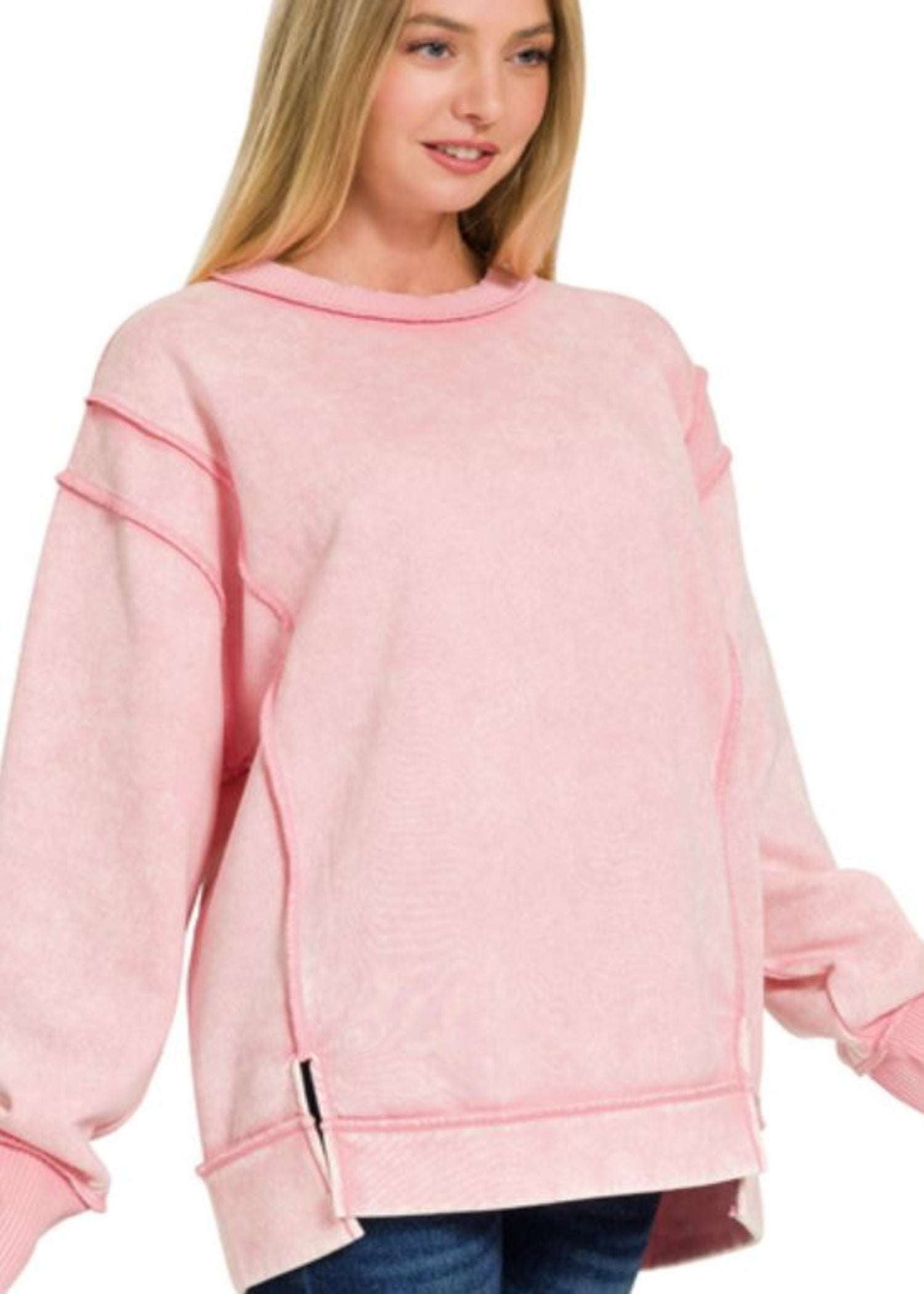 ACID WASH EXPOSED-SEAM FLEECE SWEATSHIRT - DK PINK
