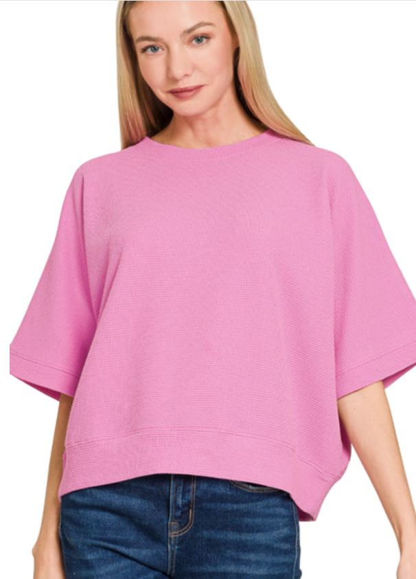 DOUBLE KNIT BANDED SHORT SLEEVE TOP - CANDY PINK