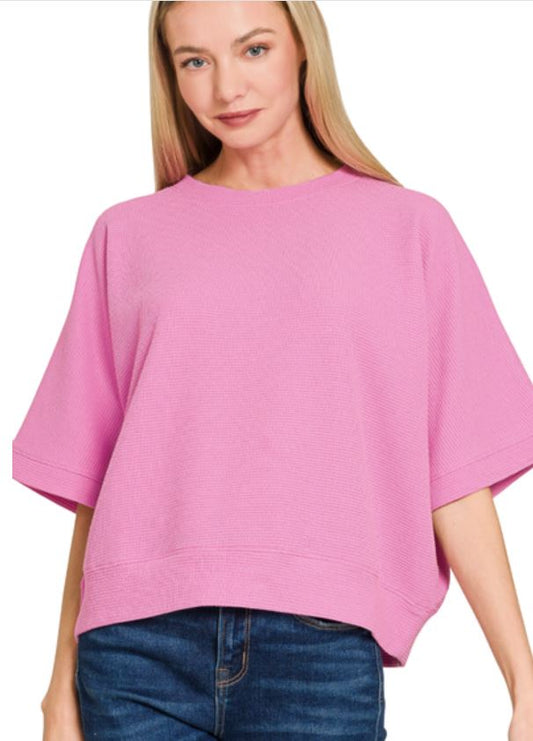 DOUBLE KNIT BANDED SHORT SLEEVE TOP - CANDY PINK