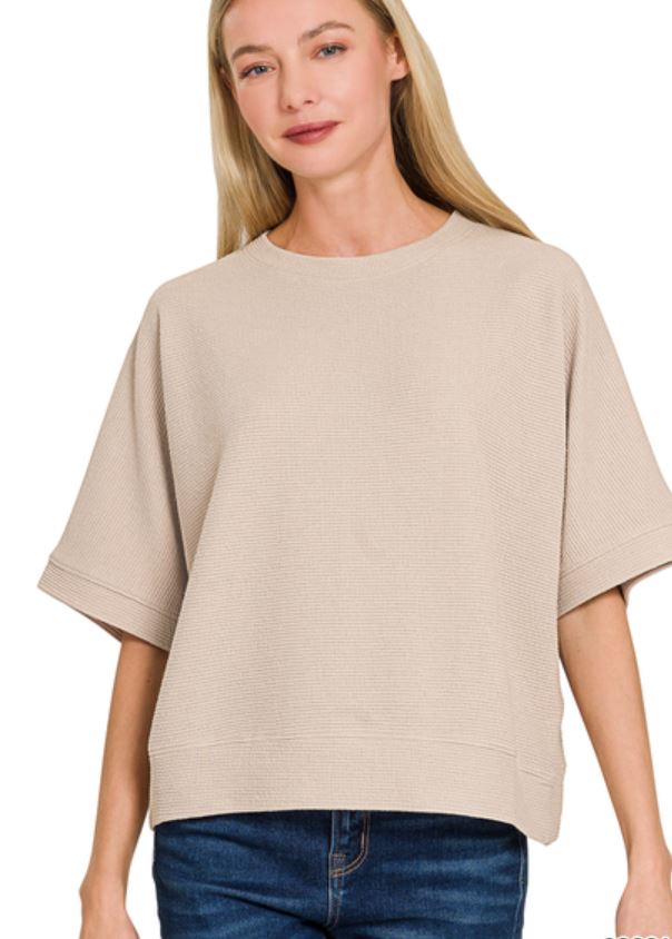 DOUBLE KNIT BANDED SHORT SLEEVE TOP - COCOA