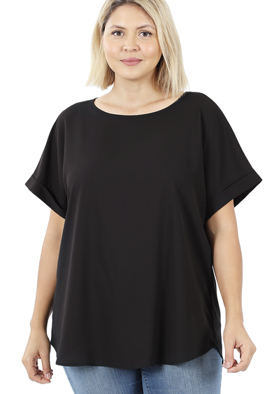 WOVEN DOBBY BOAT NECK TOP-BLACK