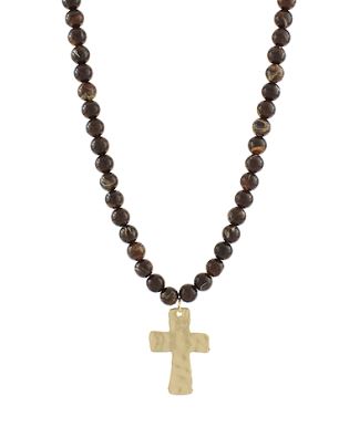 AGATE BALL CROSS PENDANT NECKLACE - BROWN/GOLD