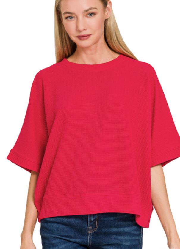 DOUBLE KNIT BANDED SHORT SLEEVE TOP - RUBY