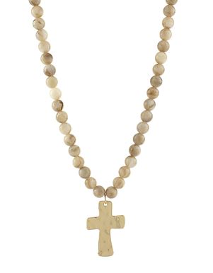 AGATE BALL CROSS PENDANT NECKLACE - BEIGE/GOLD