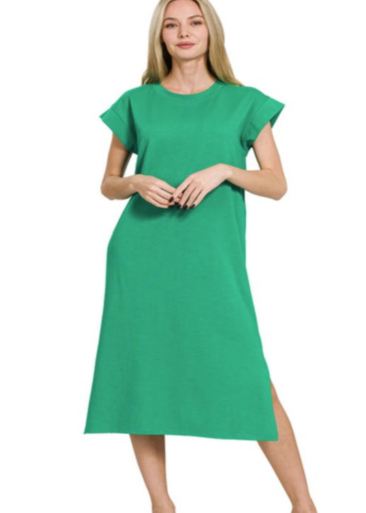 ROUND NECK SHORT SLEEVE MIDI DRESS-KELLY GREEN