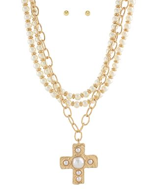 LAYERED CROSS NECKLACE - CREAM/GOLD
