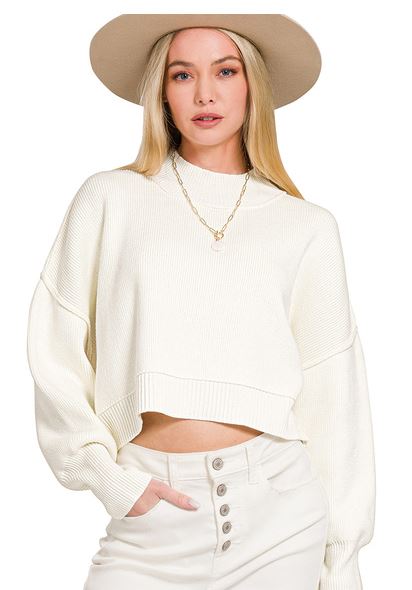 SIDE SLIT OVERSIZE CROP SWEATER-IVORY