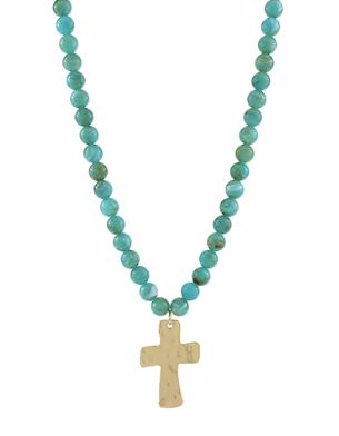 AGATE BALL CROSS PENDANT NECKLACE -TURQUOISE/GOLD