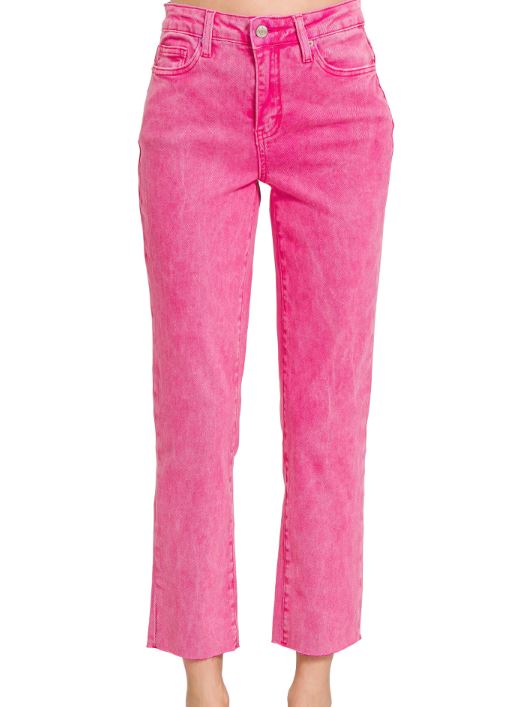 ACID WASHED HIGH WAIST CROPPED STRAIGHT PANTS