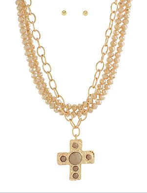 LAYERED CROSS NECKLACE - BEIGE/GOLD