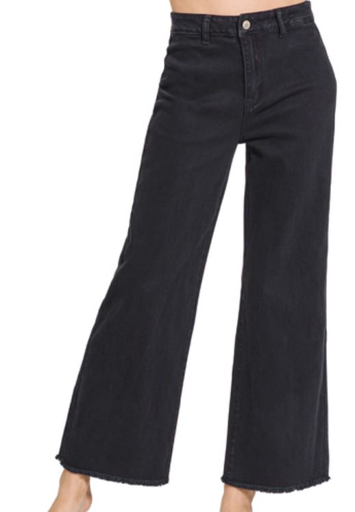 ACID WASH FRAYED HEM STRAIGHT WIDE PANTS-BLACK
