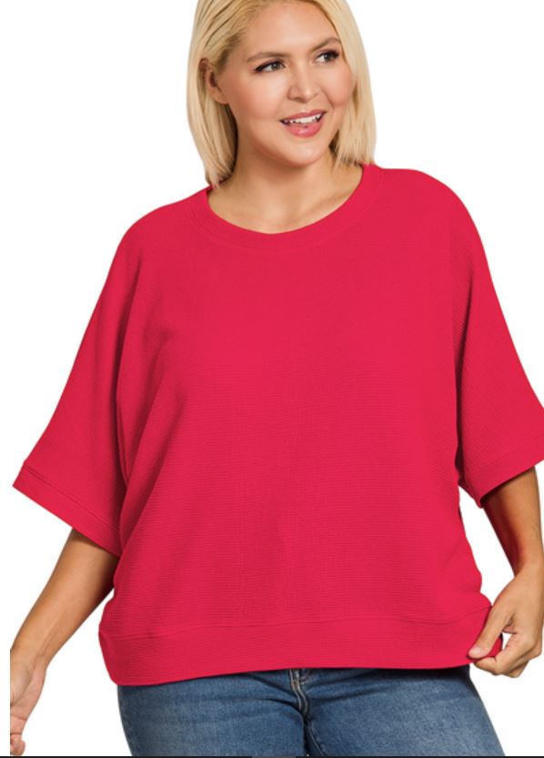 PLUS DOUBLE KNIT BANDED SHORT SLEEVE TOP - RUBY