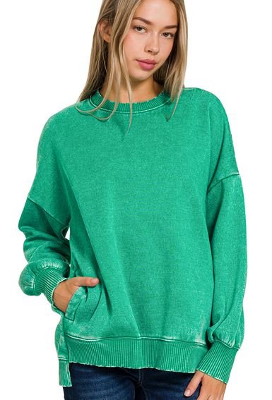 ANNIE HI-LOW FLEECE PULLOVER-GREEN