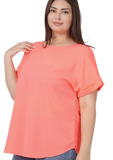 WOVEN DOBBY BOAT NECK TOP-NEON PEACH