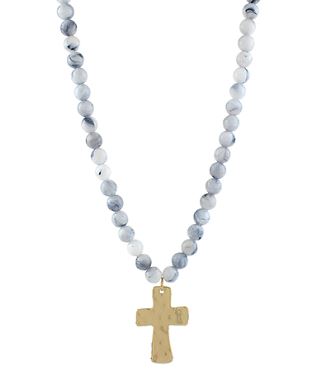 AGATE BALL CROSS PENDANT NECKLACE - HOWLITE GOLD