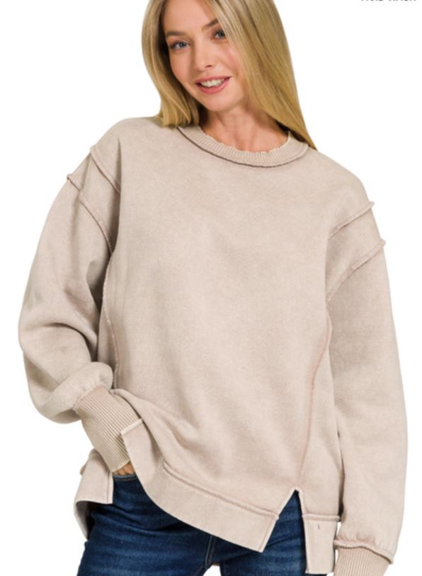 ACID WASH EXPOSED-SEAM FLEECE SWEATSHIRT - ASH MOCHA