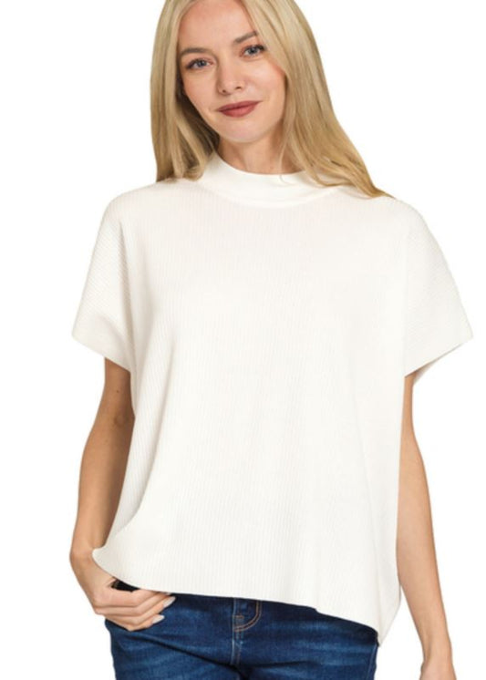 VISCOSE MOCK NECK SHORT SLEEVE BOXY SWEATER - IVORY