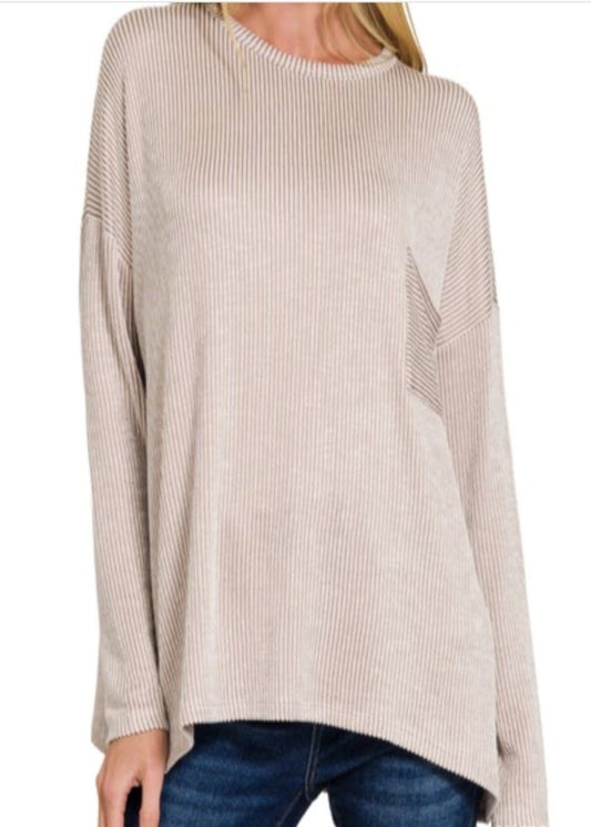 RIBBED STRIPED OVERSIZED LONG SLEEVE TOP - ASH MOCHA