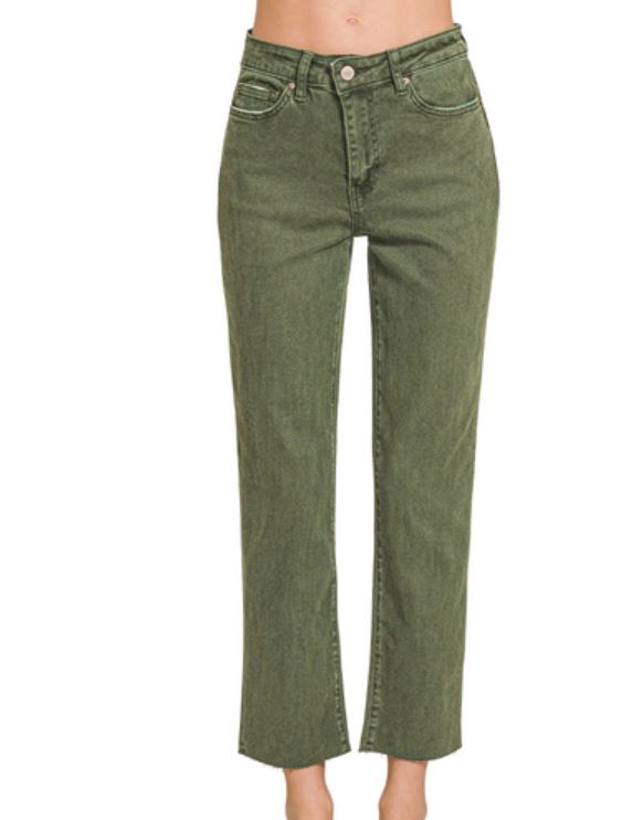 ACID WASHED HIGH WAIST CROPPED STRAIGHT PANTS