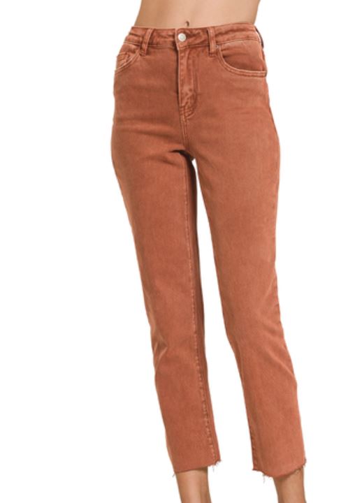 ACID WASHED HIGH WAIST CROPPED STRAIGHT PANTS