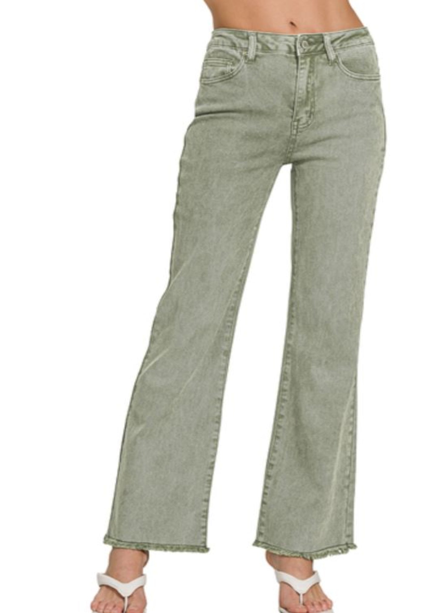 ACID WASHED FRAYED CUTOFF HEM STRAIGHT WIDE PANTS - OLIVE