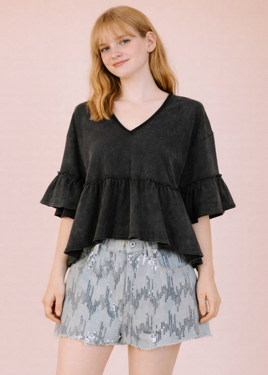 MINERAL WASH RUFFLED V-NECK TOP - BLACK