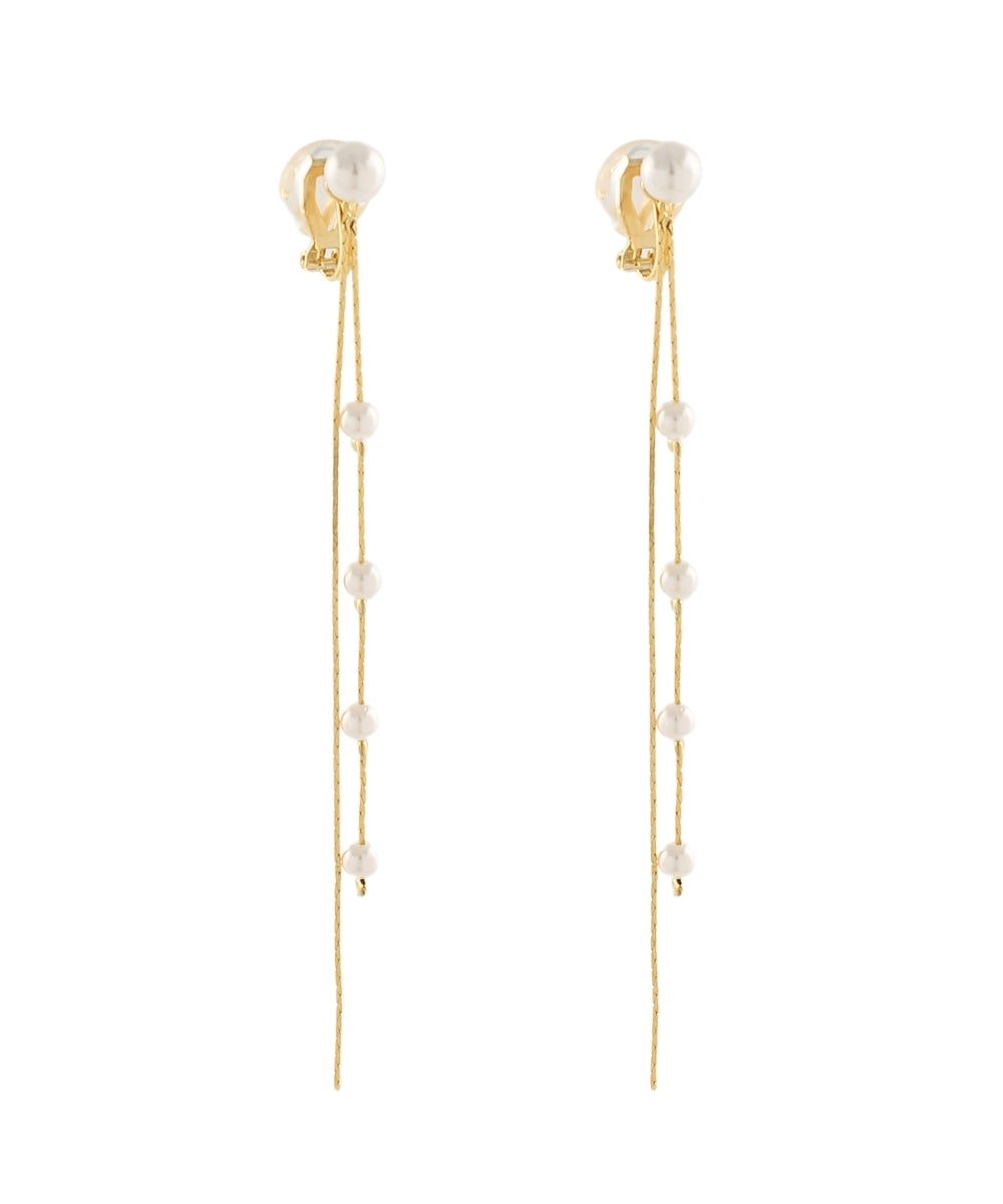 FRINGE CHAIN WITH PEARL  CLIP ON EARRINGS - GOLD