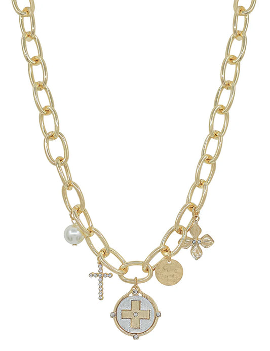 Gold Open Chain with Coin, Cross and Pearl Charm 16"-18" Necklace