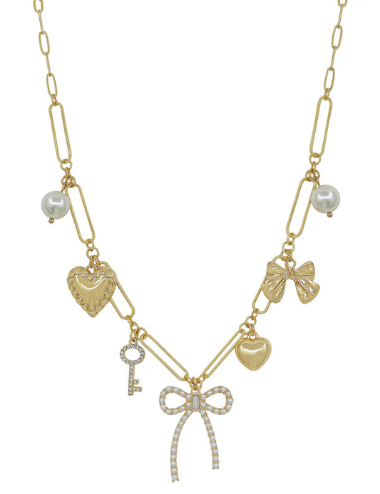 Gold Chain with Pearl Bow, Hearts, Key Charms 16"-18"