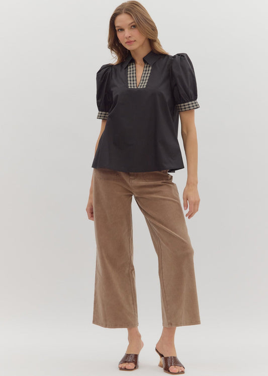 KENNA V NECK COLLAR TOP-BLACK