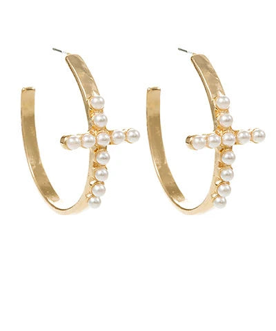 PEARL CROSS ACCENT BRASS HOOP EARRINGS