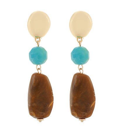 STONE & METAL 3 DROP EARRINGS - BROWN/TURQUOISE
