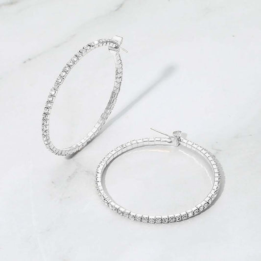 40mm Rhinestone Paved Hoop Earrings - Silver
