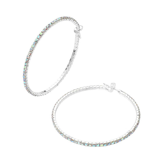 50mm Rhinestone Paved Hoop Earrings - Silver