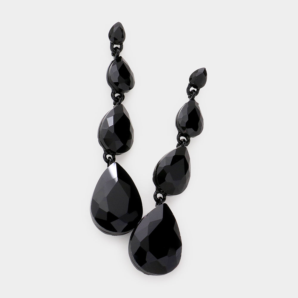Teardrop Stone Link Dangle Evening Earrings - Black