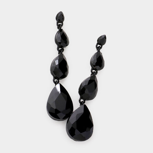 Teardrop Stone Link Dangle Evening Earrings - Black