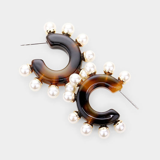 Pearl Detail Celluloid Acetate Tortoise Half Hoop Earrings