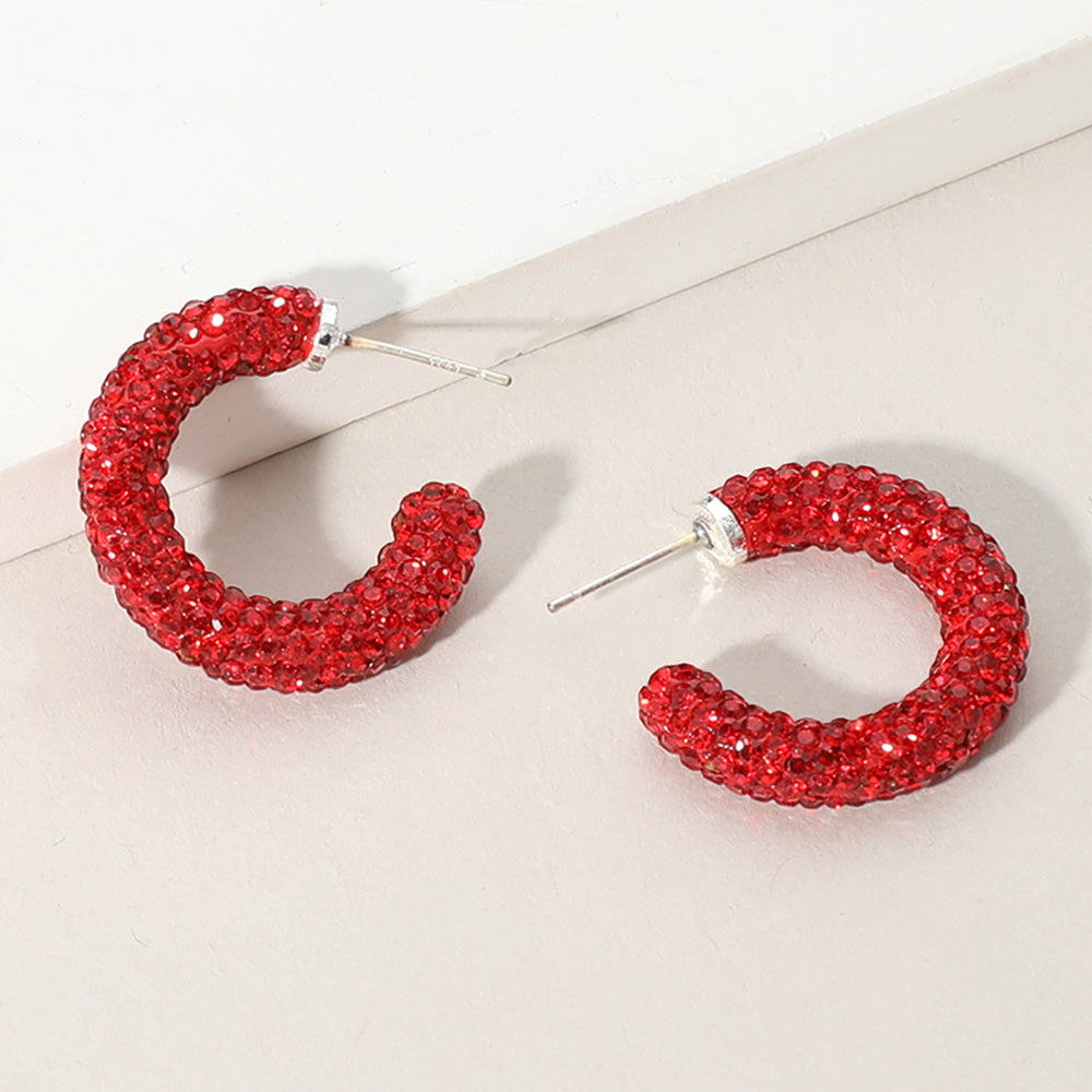 Bling Studded Hoop Earrings Red