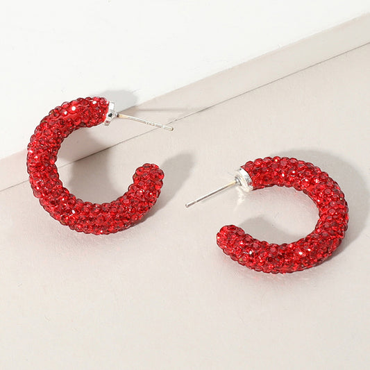 Bling Studded Hoop Earrings Red