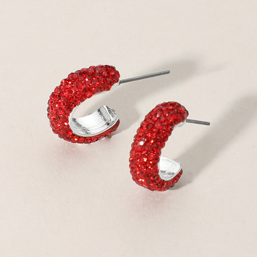 18K Gold Dipped Bling Stone Studded Mini Hoop Earrings - Red